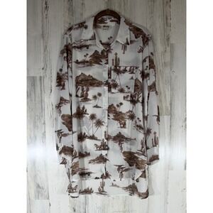 Alkemy Button Down Sheer Blouse XL White Brown Desert Landscape Western Toile